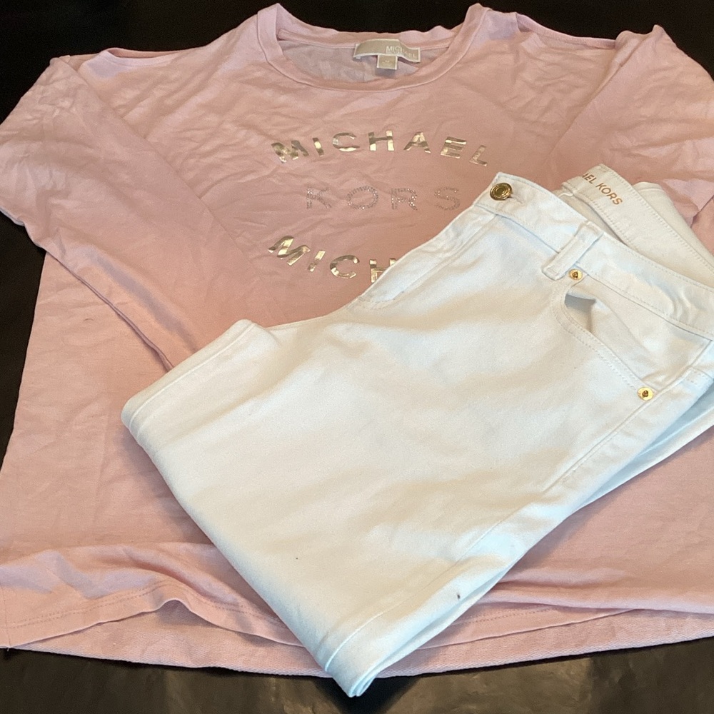 Michael Kors White Women Jeans +long sleeve tee with open shoulder.2pc